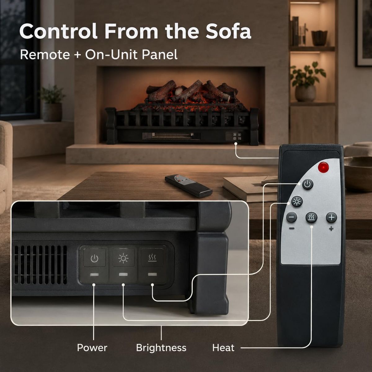 Garvee 23" Electric Fireplace Log Set Heater, Charcoal, 3 Brightness, Remote, 120V/1500W - thumbnail 5