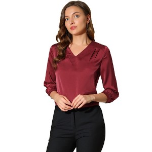 INSPIRE CHIC Women's V Neck 3/4 Sleeve Casual Office Work Satin Blouses - 1 of 4