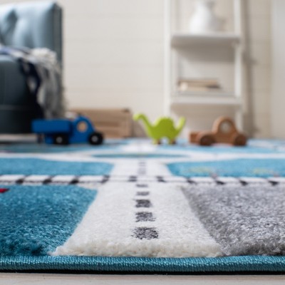 Turquoise and Ivory Square Kids Train Track Area Rug
