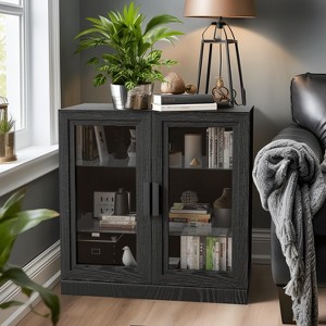PexFix 31" Modern Wood Bookshelf Storage Cabinet with 2 Glass Door and Adjustable Shelf for Kitchen Bedroom Entryway Living Room Dinning Room Black - 1 of 4