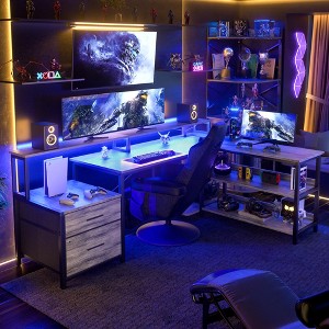 Besiost 66"-73" Reversible L-Shaped Desk with Charging Station, Home Office Computer Desk with LED Lights & Drawers - 1 of 4