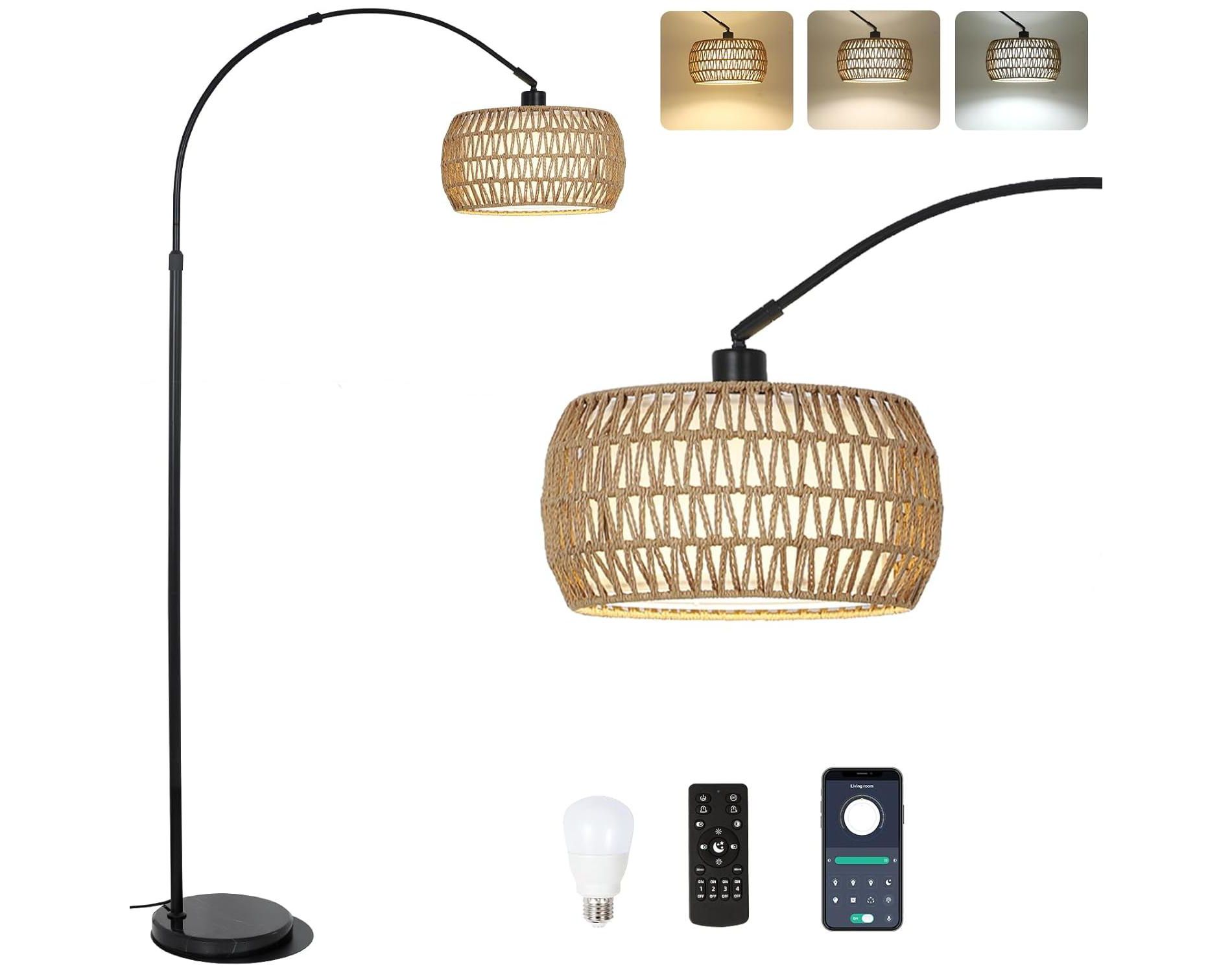 GDFStudio Cadley Modern Adjustable Arc Floor Lamp with Rattan and Fabric Dual Shades, Brown/Black