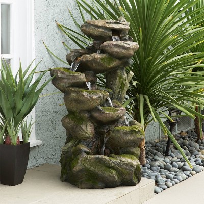 Rustic Gray and Brown Multi-Tier Stone Fountain with LED Lights