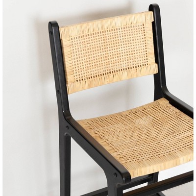Balka 29" Rattan and Black Wood Boho-Chic Bar Stools, Set of 2