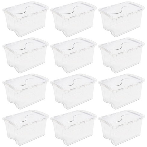 Sterilite Large FlipTop, Stackable Small Storage Bin with Hinging Lid,  Plastic Container to Organize Desk at Home, Classroom, Office, Clear, 6-Pack