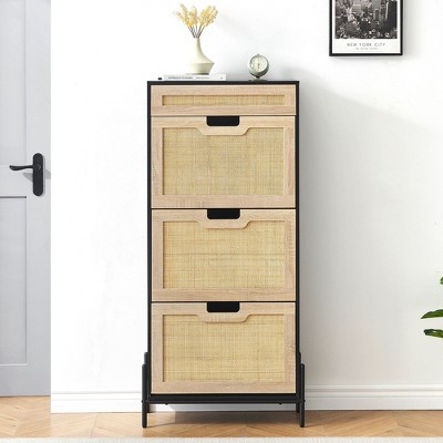 Rattan Shoe Cabinet with 3 Flip Door 1 Drawer Wooden Free Standing Shoe Racks
