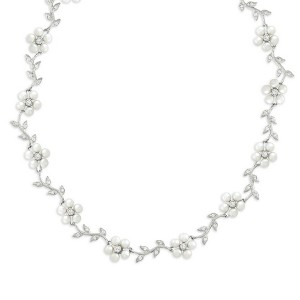 Bella Silver Sterling Silver Alternating White FWP Flowers & Clear CZ Leaves On Branch Necklace - White - 17 Inch - 1 of 2