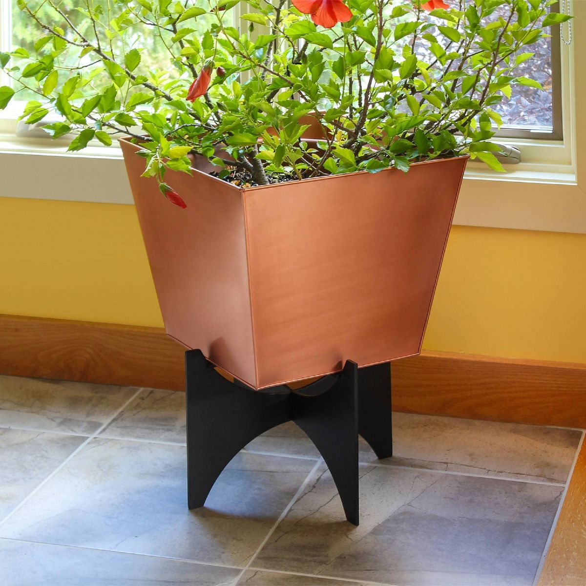16" Wide Square Copper Plated Galvanized Steel Flower Box with Black Wrought Iron Plant Stand - ACHLA Designs: Weather-Resistant - thumbnail 3