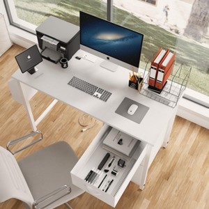 47'' Office Desk, Computer Desk with Hutch & Storage Drawers, Power Outlets, Side Pockets, Modern Reversible Study Writing Desk Workstation White - 1 of 4