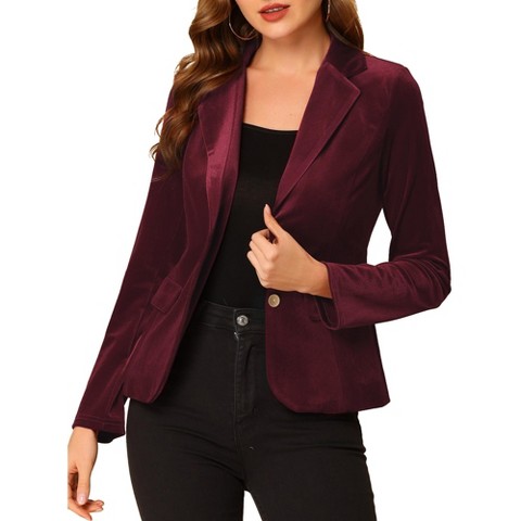 INSPIRE CHIC Women's Notched Lapel Vintage Office Button Front Velvet Blazer Medium Dark Red
