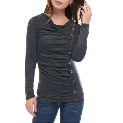 Allegra K Women's Cowl Neck Long Sleeves Buttons Decor Solid Ruched Top