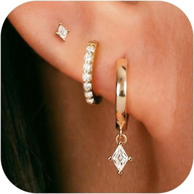 3 Pairs Small Gold Hoop Earring, 14K Gold Plated Earring Stacks Butterfly Heart Star Moon Bow Four Leaf Rhombus Round CZ Pearl