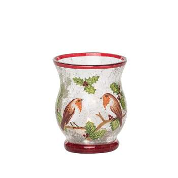 Transpac Glass 3.54 in. Multicolored Christmas Light Up Crackle Mistletoe Candle Holder Hurricane