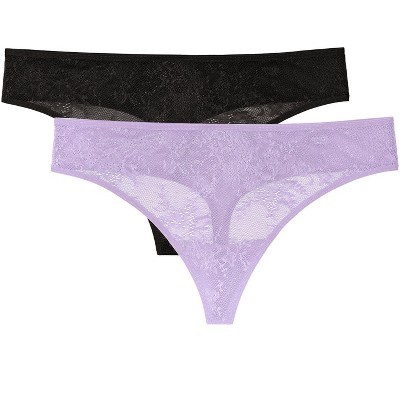 Smart & Sexy Lace Trim Thong Panty 2 Pack Black Hue/lilac Iris (lace ...
