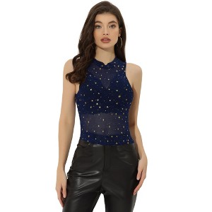 Allegra K Women's Metallic Star Mesh Mock Neck See-Through Tank Top - 1 of 4