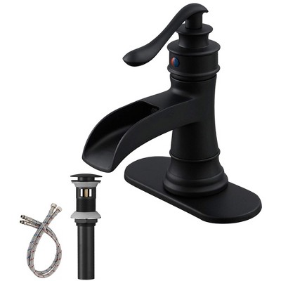 BWE Waterfall Single Hole Single-Handle Low-Arc Bathroom Faucet With Drain Assembly In Matte Black