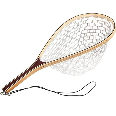 Fly Fishing Net, Wooden Frame Fishing Landing Net with Clear Soft Rubber Mesh, Fish Nets