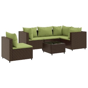 vidaXL Patio Lounge Set with Cushions Sectional Sofa Garden Backyard Poly Rattan - Brown and Green 3x Corner + 2x Middle + Table - 1 of 4