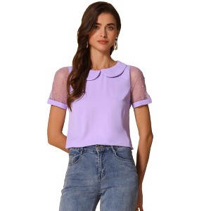 INSPIRE CHIC Women's Vintage Peter Pan Collar Puff Polka Dots Mesh Short Sleeve Blouse - 1 of 4