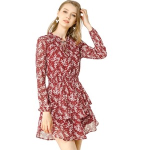 Allegra K Women's Floral Smocked Waist Tie Neck Layered Chiffon Mini Dress - 1 of 4