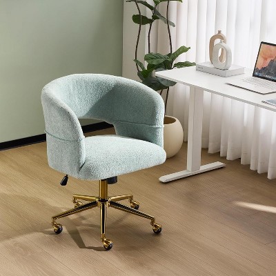 VINGLI Modern Curved Office & Vanity Desk Chair, Cute Upholstered Nail Chair with Wheels & 360° Swivel & Club & Tilting, Velvet Chenille, Mint Green