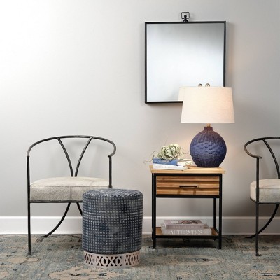 Indigo Blue Handwoven Rattan Table Lamp with Linen Shade