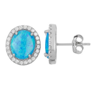 Opalata Sterling Silver Blue Inlay Opal Oval with CZ Border Stud Earrings - Blue - 1 of 2