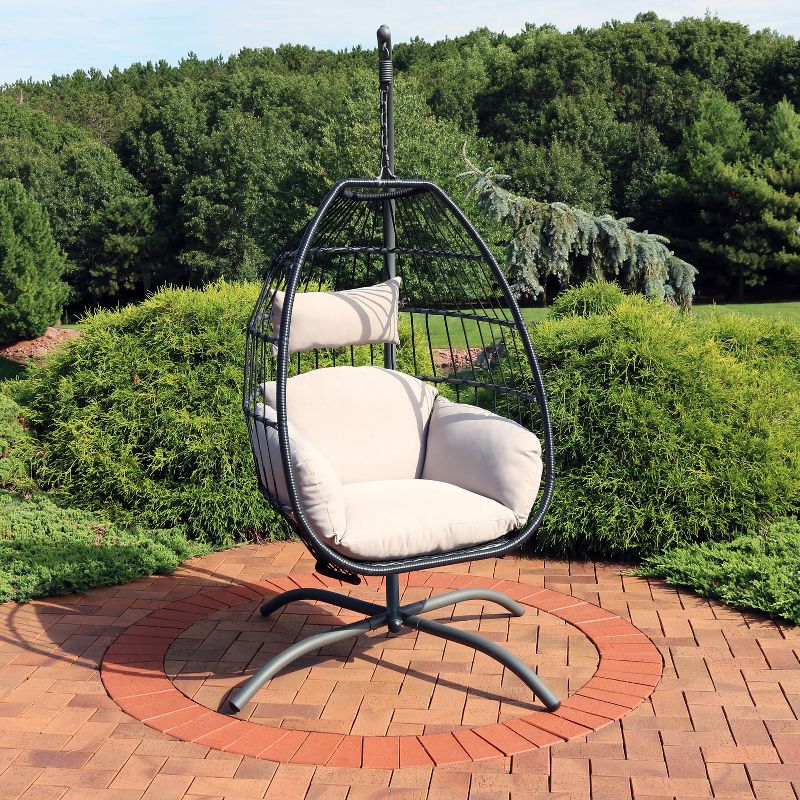 Sunnydaze Outdoor Resin Wicker Patio Oliver Lounge Hanging Basket Egg Chair Swing with Cushions, Headrest, and Steel Stand Set - Gray - 3pc, 2 of 11