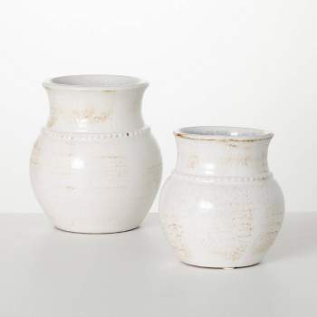 Sullivans 9.25" & 7.5" Crackle White Planter Set of 2, Ceramic