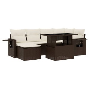 vidaXL 7 Piece Patio Sofa Set with Cushions Brown Poly Rattan - Brown and Cream without storage - 1 of 4