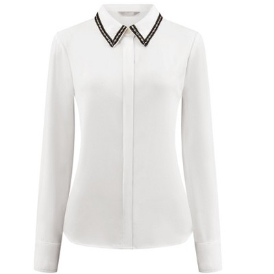Hobemty Women's Elegant Work Long Sleeve Point Collar Tweed Trim Button Down Shirt