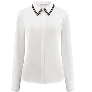 Hobemty Women's Elegant Work Long Sleeve Point Collar Tweed Trim Button Down Shirt - 1 of 4
