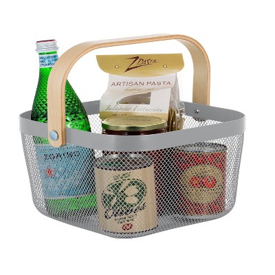Gray Mesh Rectangular Storage Box with Bamboo Handle