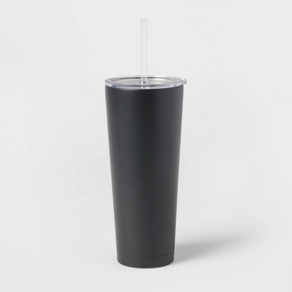 25oz Double Walled Stainless Steel Vacuum Tumbler with Silicone Lid & Straw Black - Room Essentials