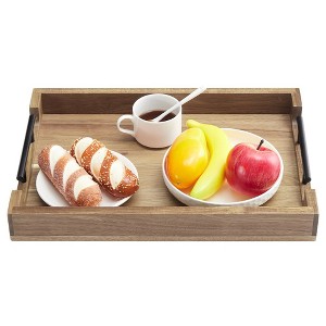 Acacia Wood Serving Tray with Metal Handles, 17 Inches Wooden Coffee Table Tray - 1 of 4