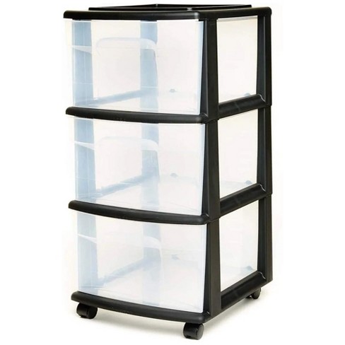 Homz Plastic 3 Clear Drawer Medium Home Organization Storage Container with  3 Large Drawers w/Removeable Wheels, Black Frame