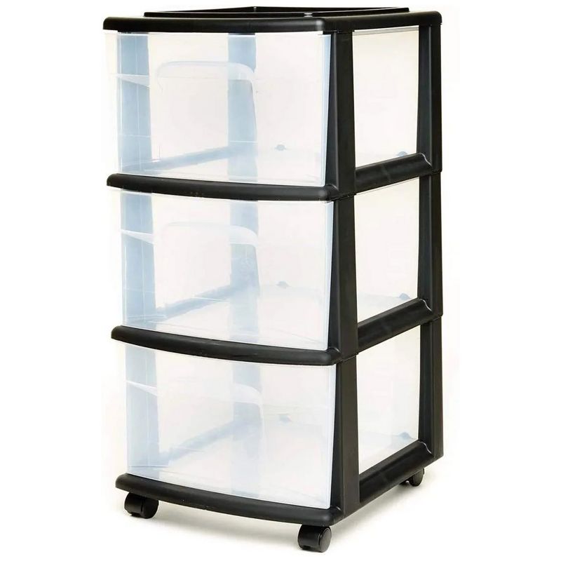 Homz Plastic 3 Clear Drawer Medium Home Organization Storage Container with 3 Large Drawers w/Removeable Wheels, Black Frame, 1 of 8