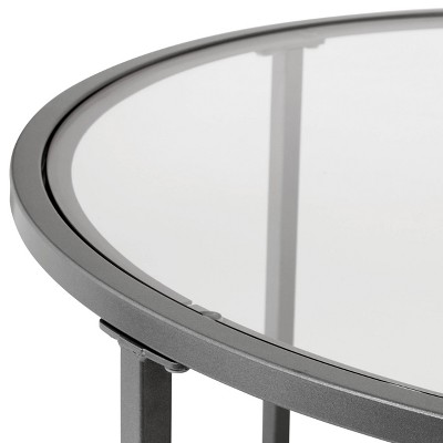 Pewter Round Glass Coffee Table with Steel Frame, 28 Inches