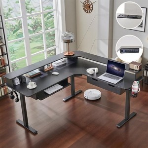 SinCiDo 60" L-Shaped Electric Standing Desk, Height Adjustable Corner Gaming Desk w/ Power Outlets, LED Lighting & 2 Drawers - 1 of 4