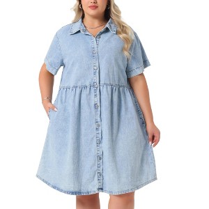 Agnes Orinda Women's Plus Size Denim Babydoll Tiered Short Sleeve Button Down Jean Shirt Dresses - 1 of 4
