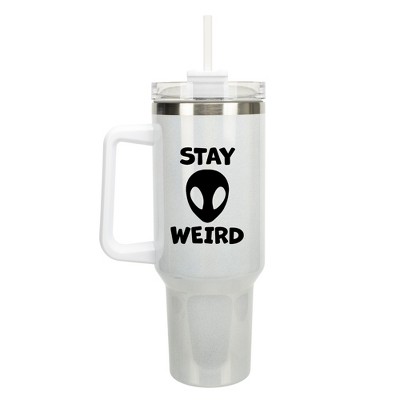 100 North Stay Weird Alien Wrap-Around 40 Oz. Stainless Steel Water Bottle Coffee Mug, Spill & Leak Resistant, Travel Tumbler with Handle, Lid &
