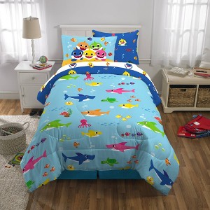 Twin Baby Shark Kids' Bed in a Bag: Polyester Comforter Set, Includes Sheets & Pillowcase, Multicolored, Twin Size - 1 of 4