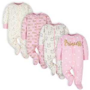 Gerber Baby Girls' Sleep 'n Plays with Mitten Cuffs - 4-Pack - 1 of 4
