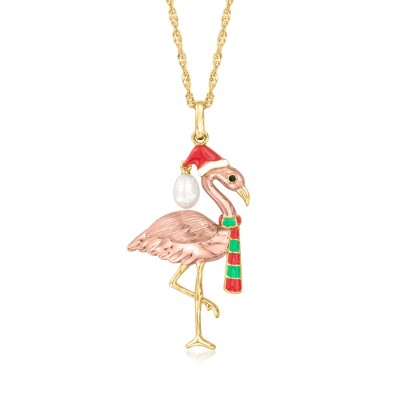 Ross-Simons 5-5.5mm Cultured Pearl and Multicolored Enamel Christmas Flamingo Pendant Necklace in 18kt 2-Tone Gold Over Sterling Size