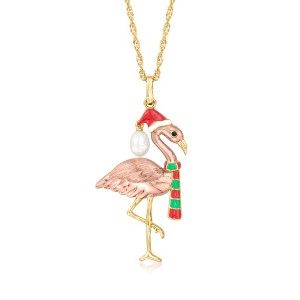 Ross-Simons 5-5.5mm Cultured Pearl and Multicolored Enamel Christmas Flamingo Pendant Necklace in 18kt 2-Tone Gold Over Sterling Size - 1 of 3