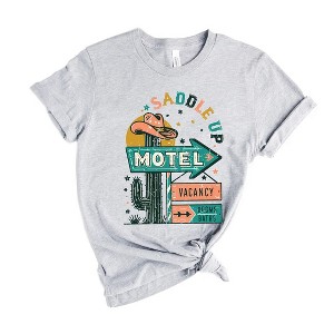 Simply Sage Market Women's Saddle Up Motel Distressed Short Sleeve Graphic Tee - 1 of 2
