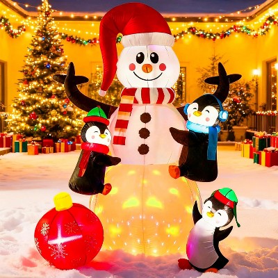 6FT Christmas Inflatable Outdoor Decoration, Snowman with Penguin, with Built-in LED Light