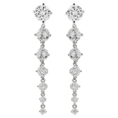 Women's Clear Round Cubic Zirconia Drop Earrings in Sterling Silver - Clear (2")