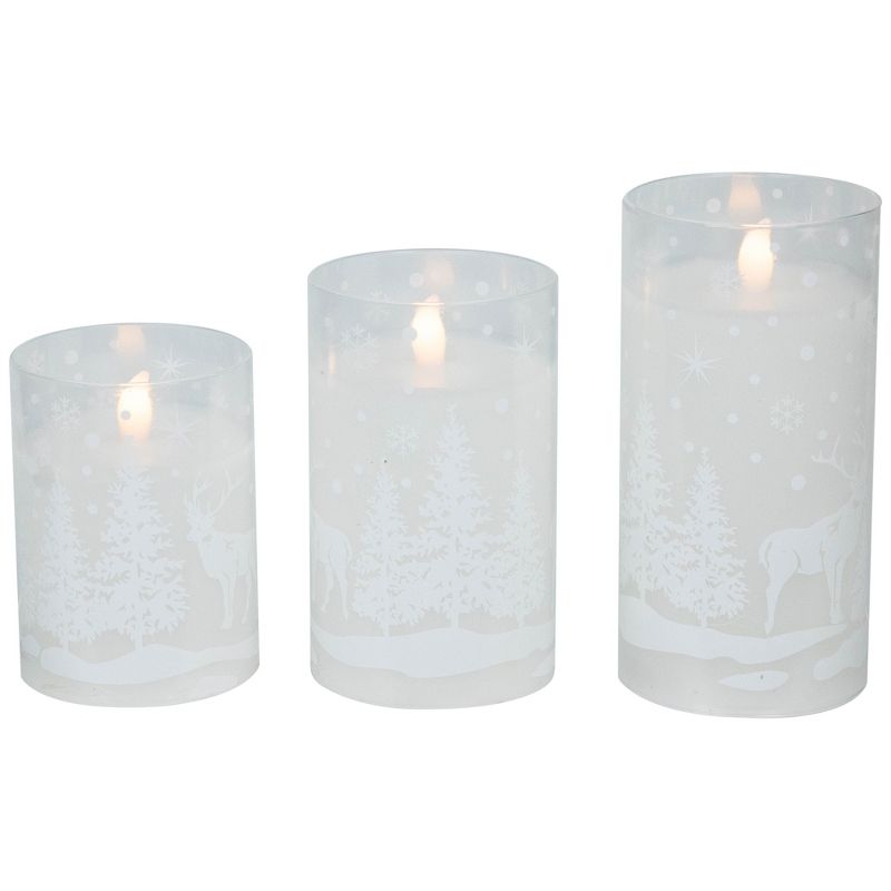 Northlight Set of 3 Snowy Woodland Flameless LED Flickering Glass Christmas Pillar Candles 6", 5 of 8