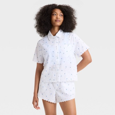 Women's Scalloped Edge Button-Down Pajama Shirt - Auden™ White XXL